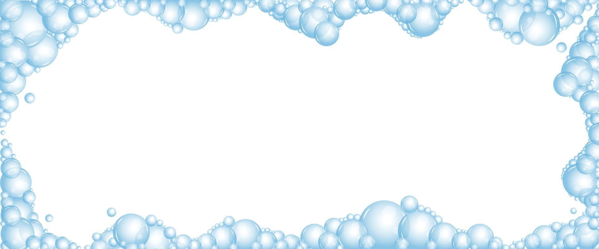 Soap foam with bubbles. Frame of cartoon shampoo and soap foam suds. vector