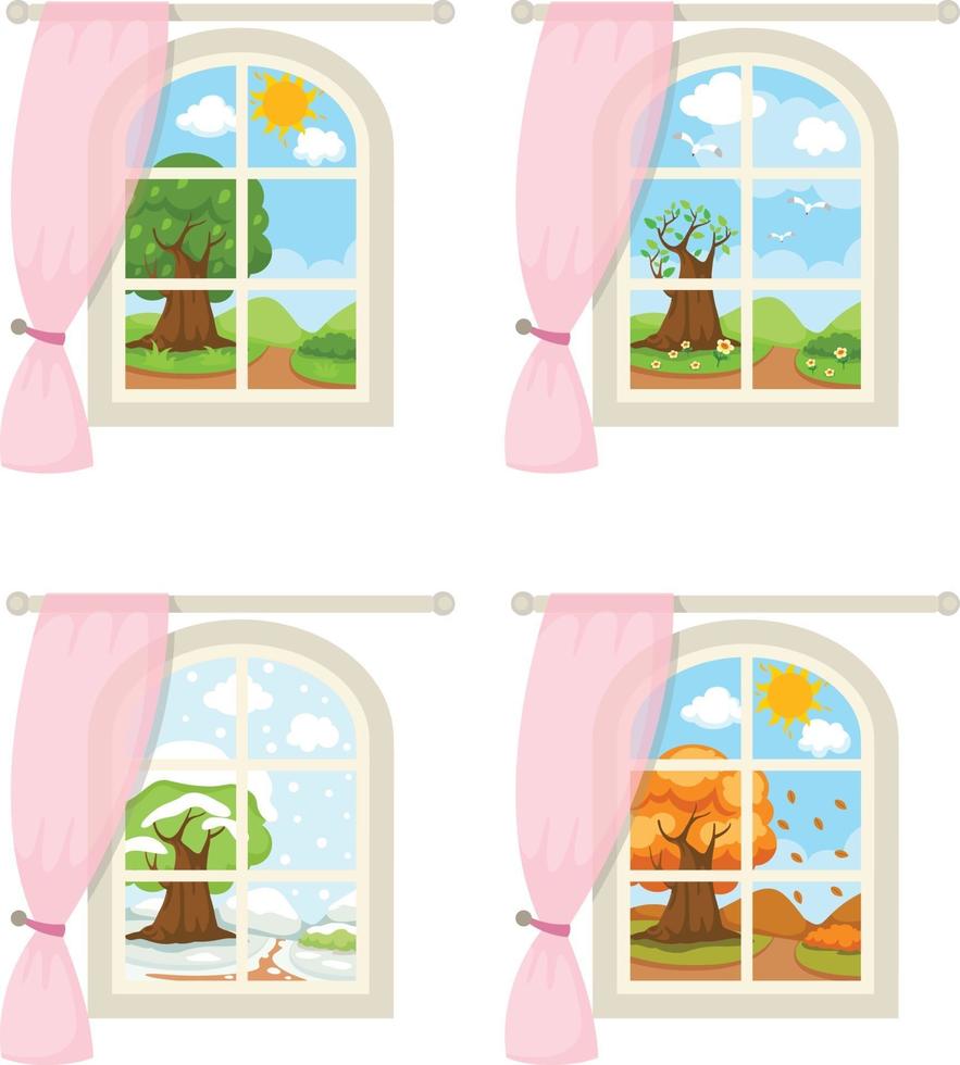 Set windows with seasonal weather illustration vector