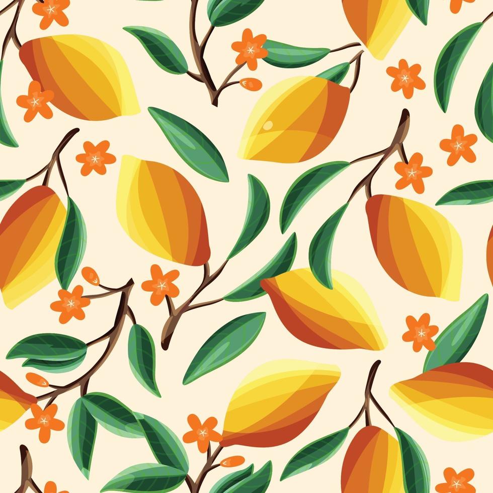 Lemons on tree branches, seamless pattern. vector