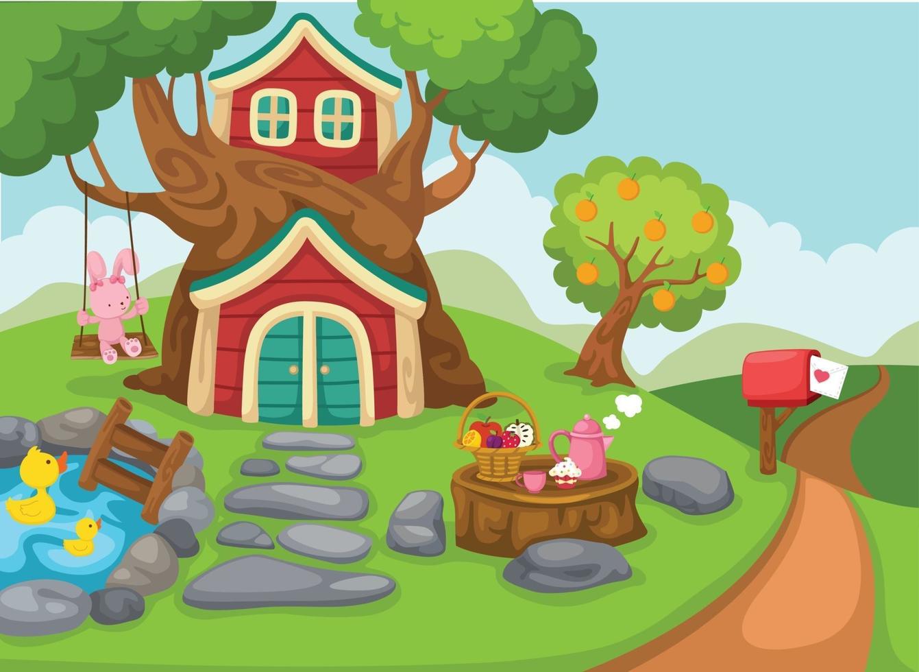 illustration of a tree house in rural landscape vector