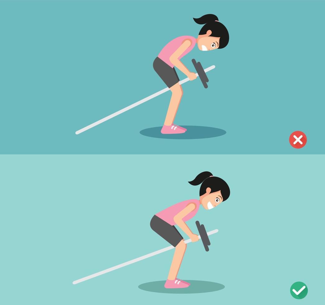 Woman wrong and right bent over row posture,vector illustration vector