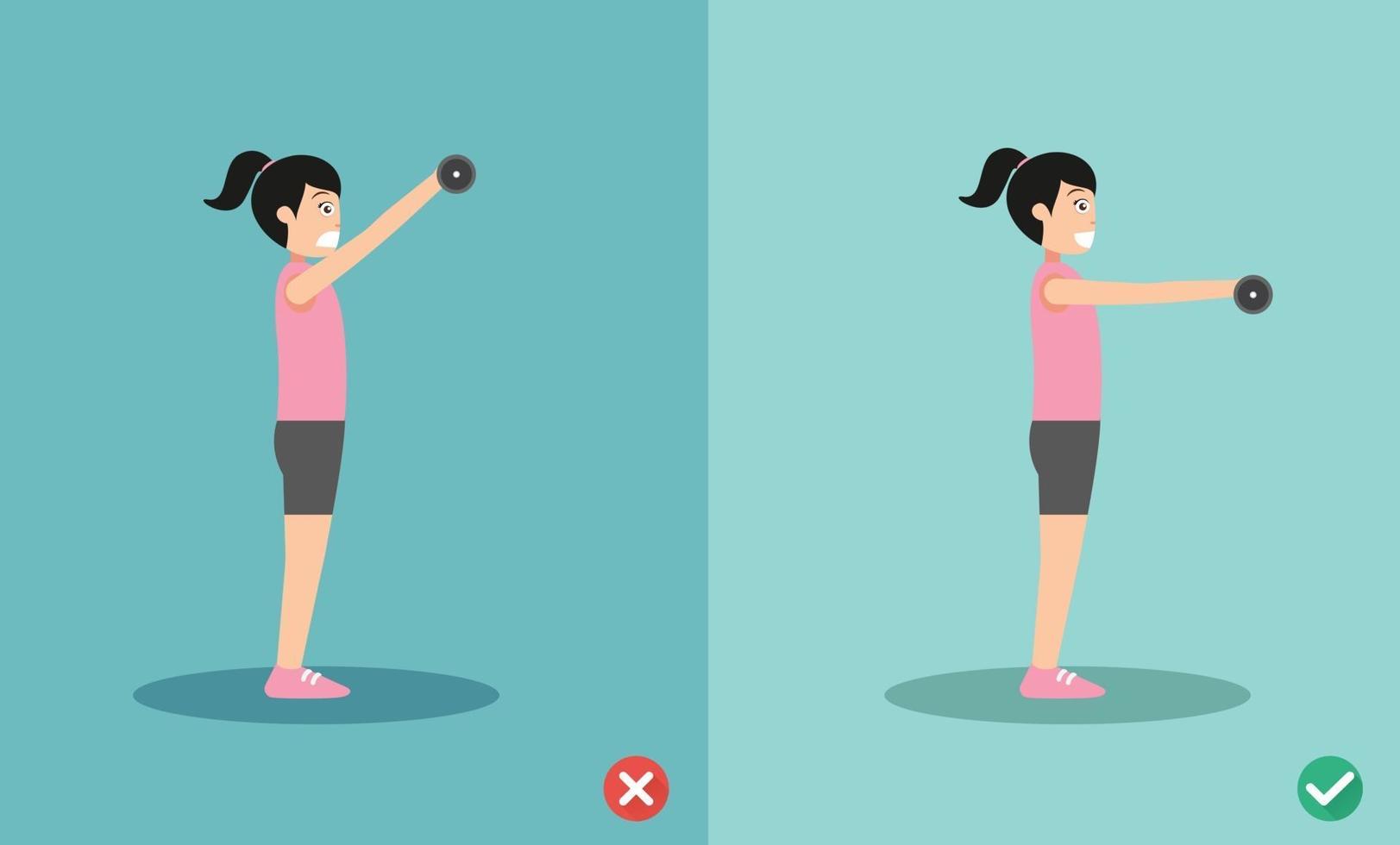 Woman wrong and right dumbbell front raise posture,vector illustration vector