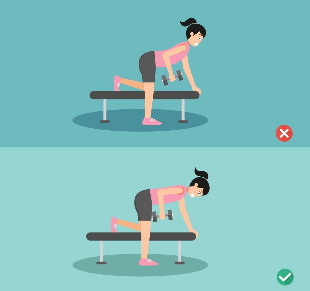 Woman wrong and right one arm dumbbell row posture,vector illustration vector