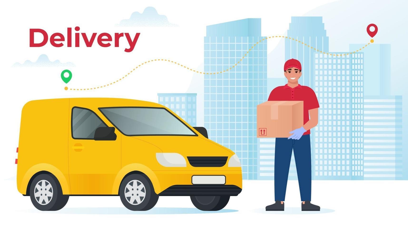 Courier with van holds a parcel on city background. Delivery man vector