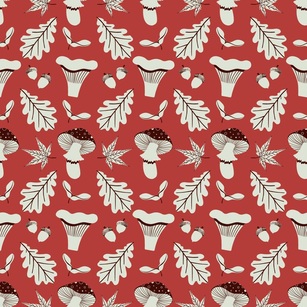 Autumn seamless pattern with oak acorn and leaves, mushrooms vector