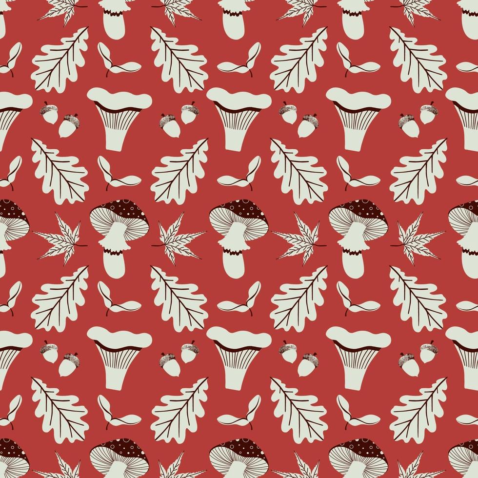 Autumn seamless pattern with oak acorn and leaves, mushrooms vector