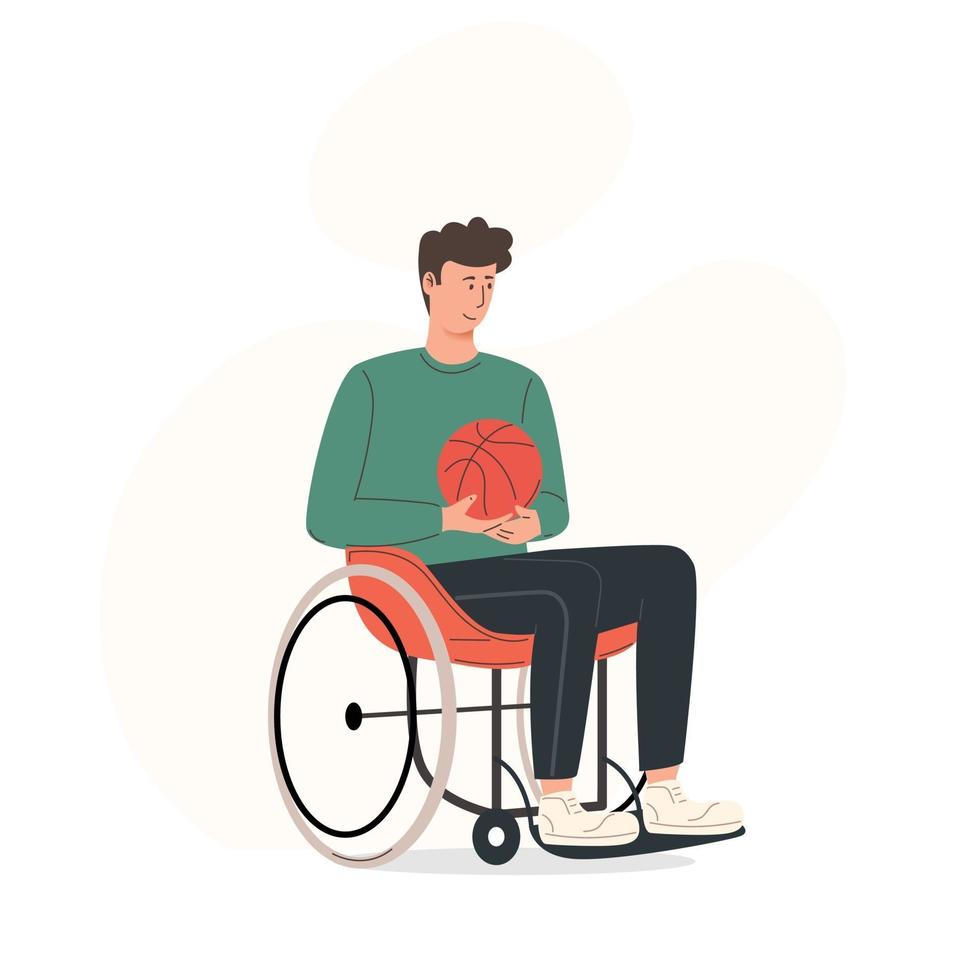 joven sonriente sentado en silla de ruedas mientras sostiene una pelota de baloncesto vector