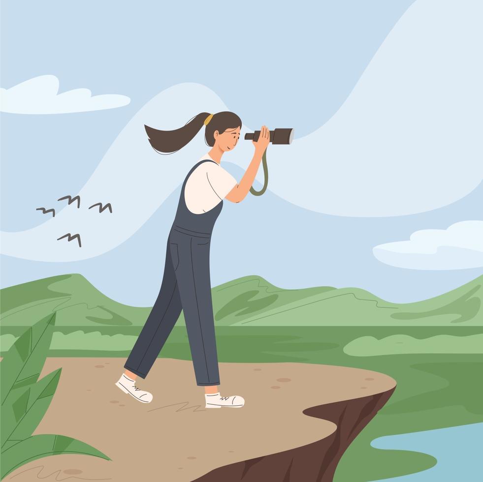 Happy young woman uses Telescope for sighseeing in forest vector