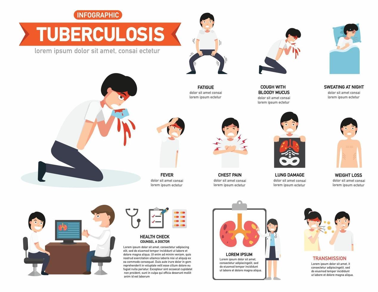 infografía de tuberculosis, ilustración vectorial. vector