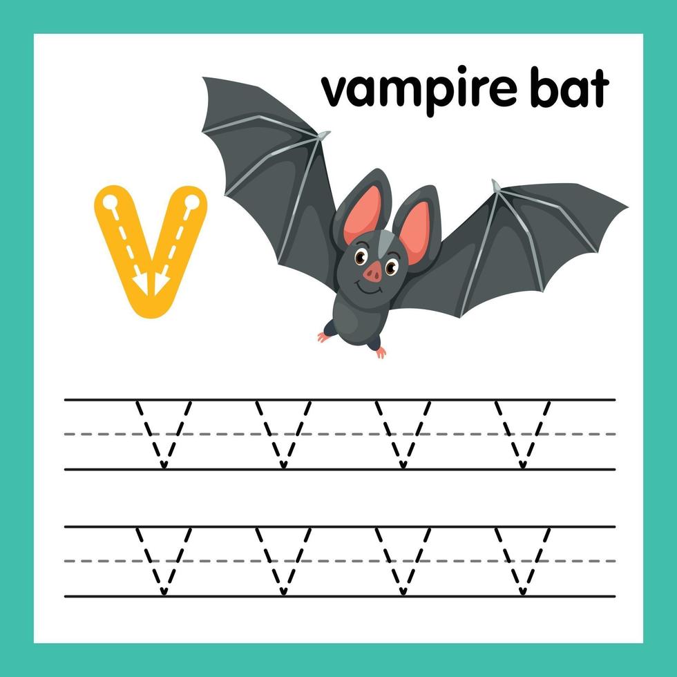 Ejercicio del alfabeto v con ilustración de vocabulario de dibujos animados, vector