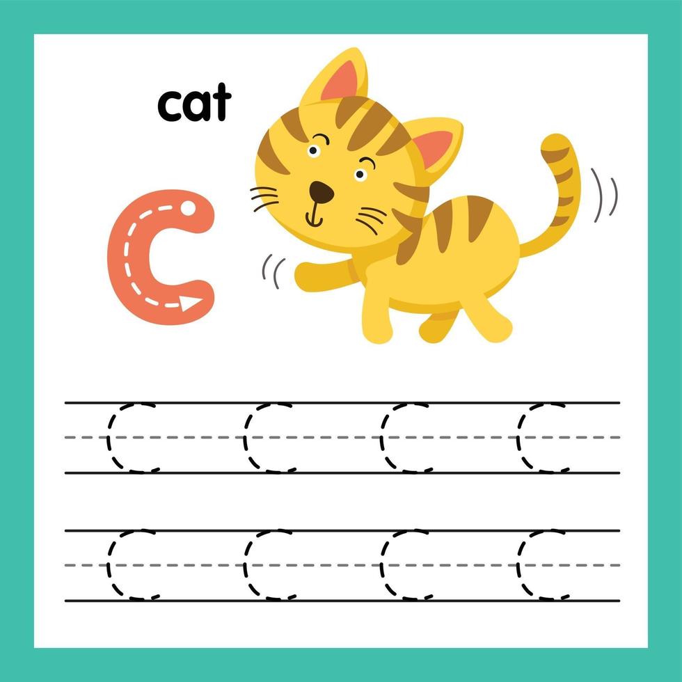 Alphabet C exercise with cartoon vocabulary illustration, vector