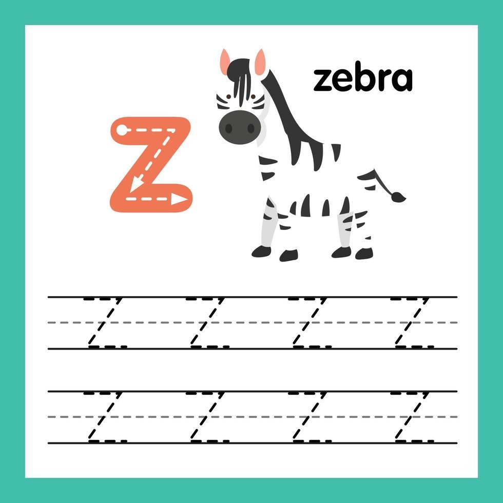 Ejercicio del alfabeto z con ilustración de vocabulario de dibujos animados, vector