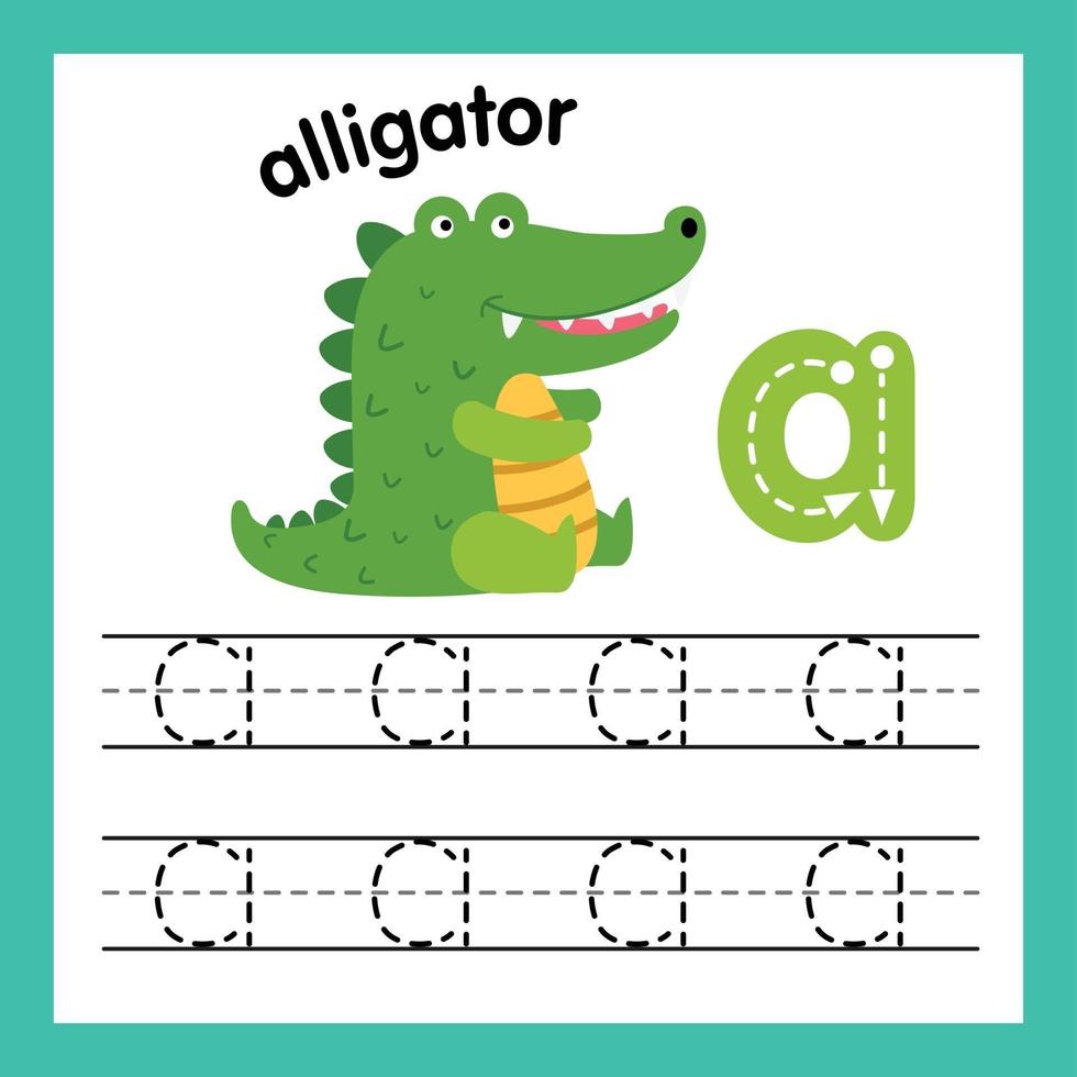 Alphabet A exercise with cartoon vocabulary illustration, vector