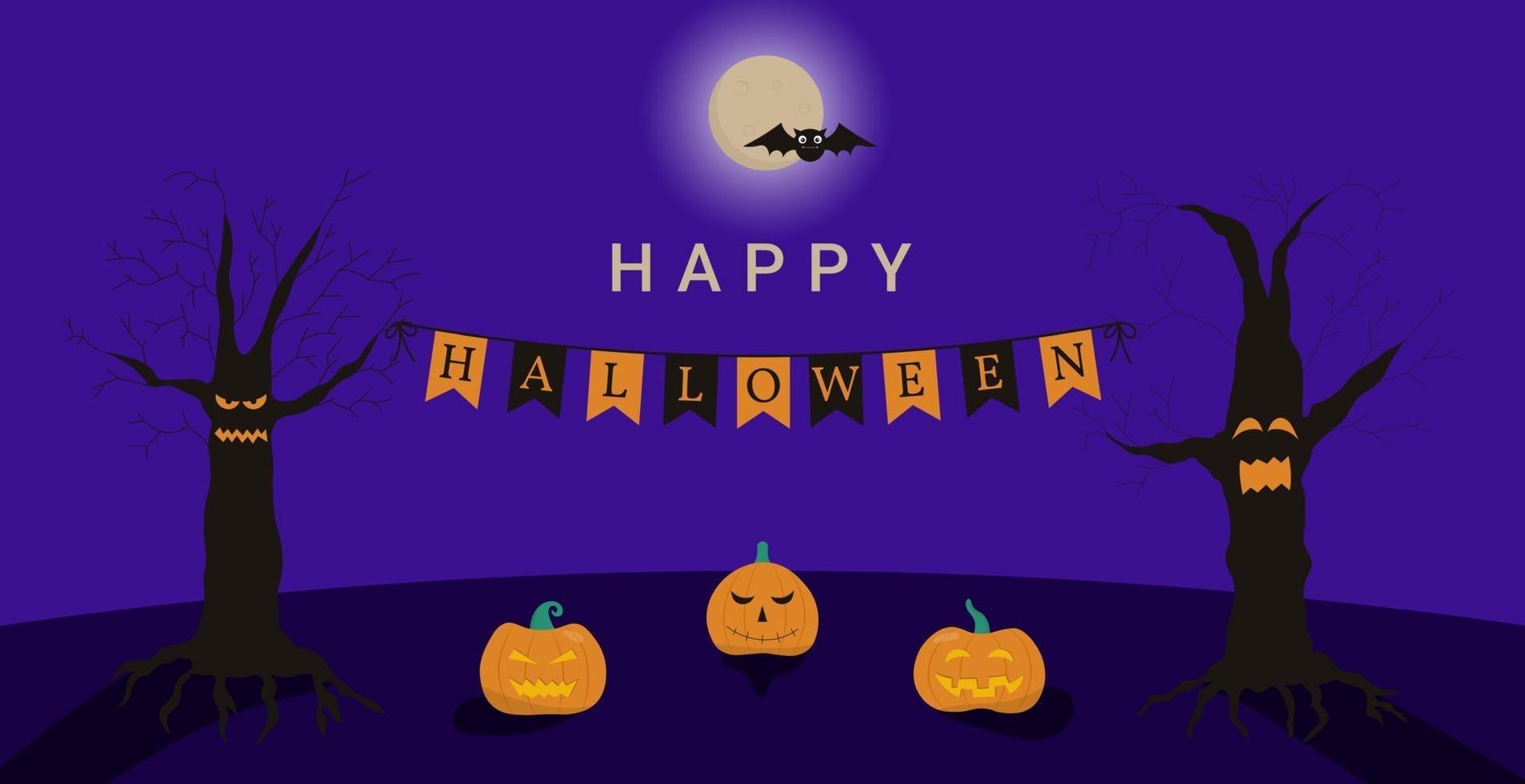 tarjeta de felicitación de feliz halloween con calabazas, árboles de miedo, luna y murciélago vector