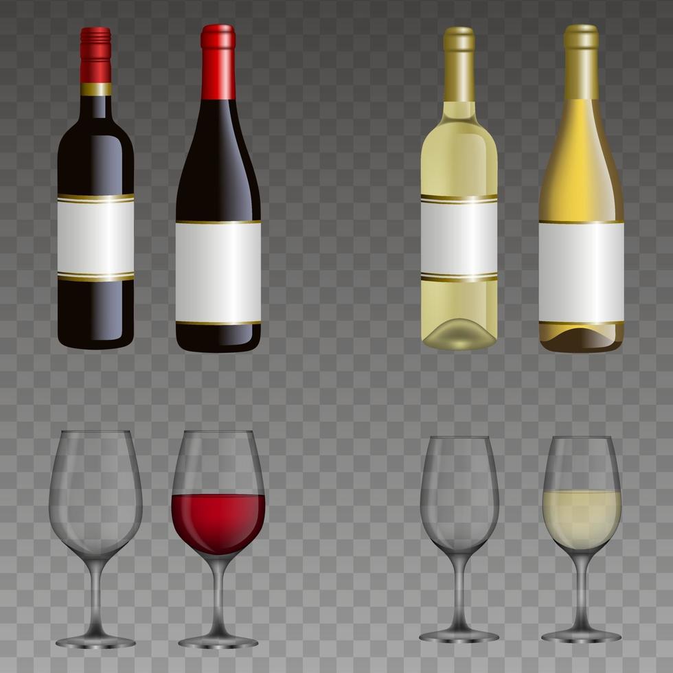 conjunto de vasos y botellas de vino aisladas. vino tinto y blanco. vector