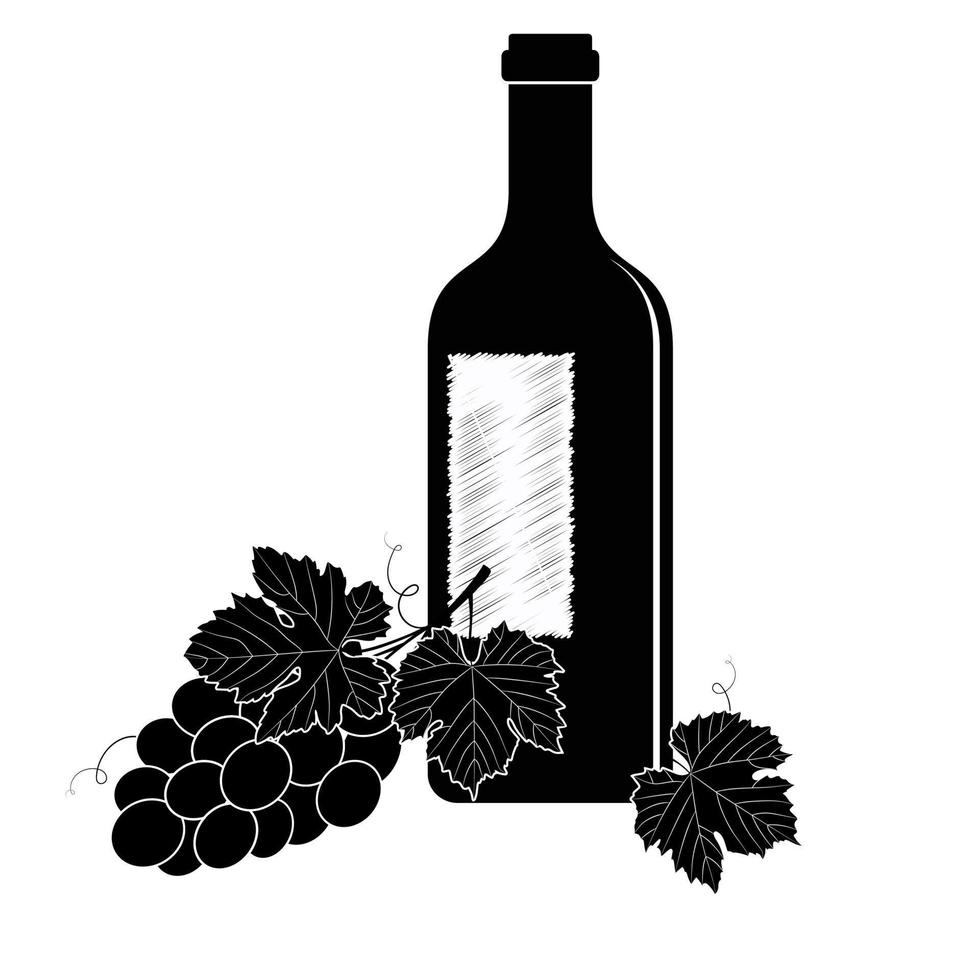 vino set, vector monocromo dibujado a mano. botella de vino y uva.