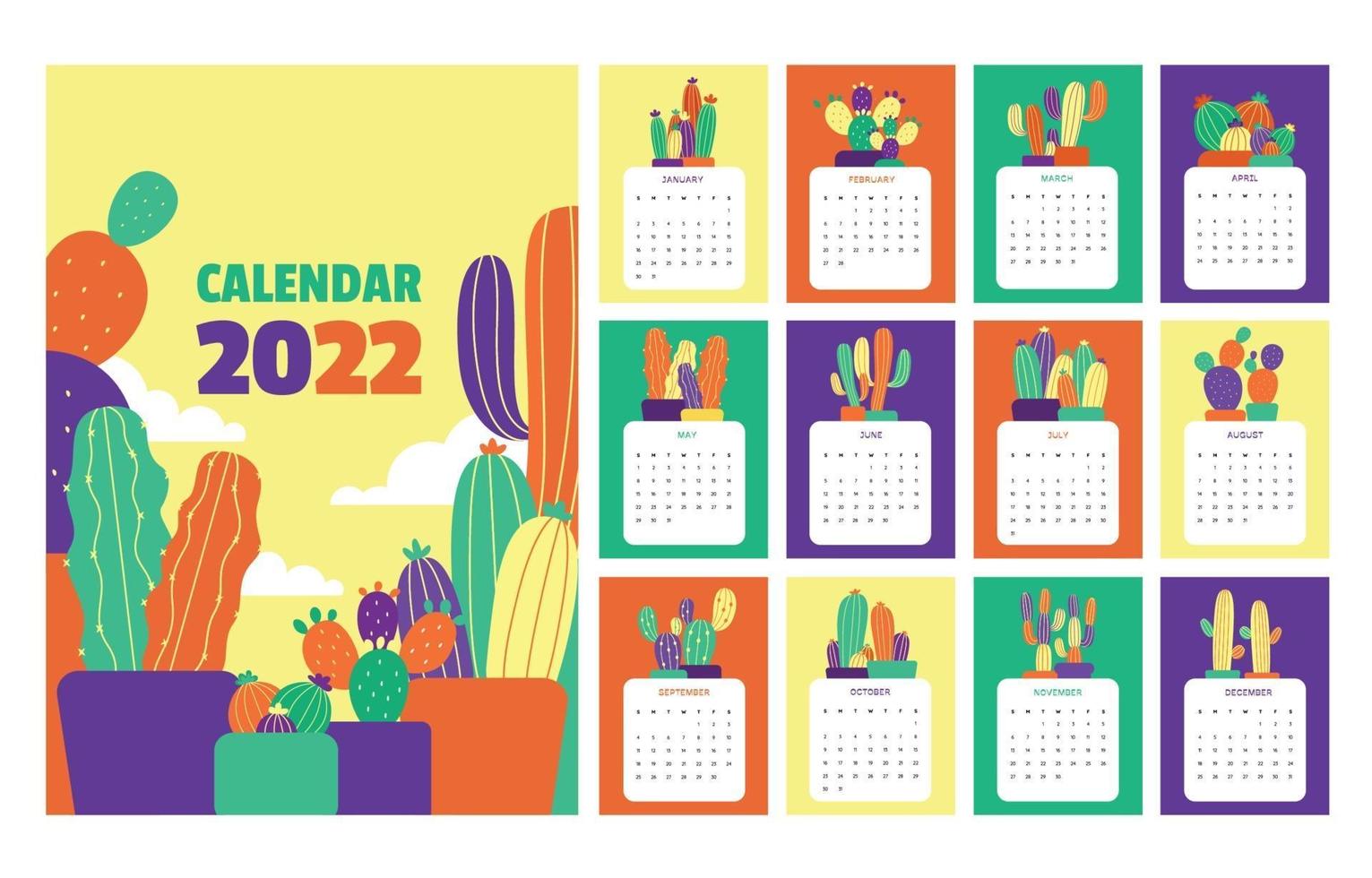 Calendario 2022 con cactus de colores vector