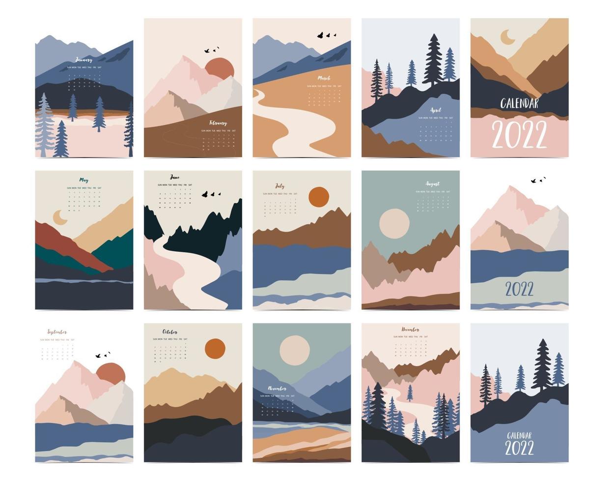 2022 table calendar week start on Sunday with mountain,landscape vector