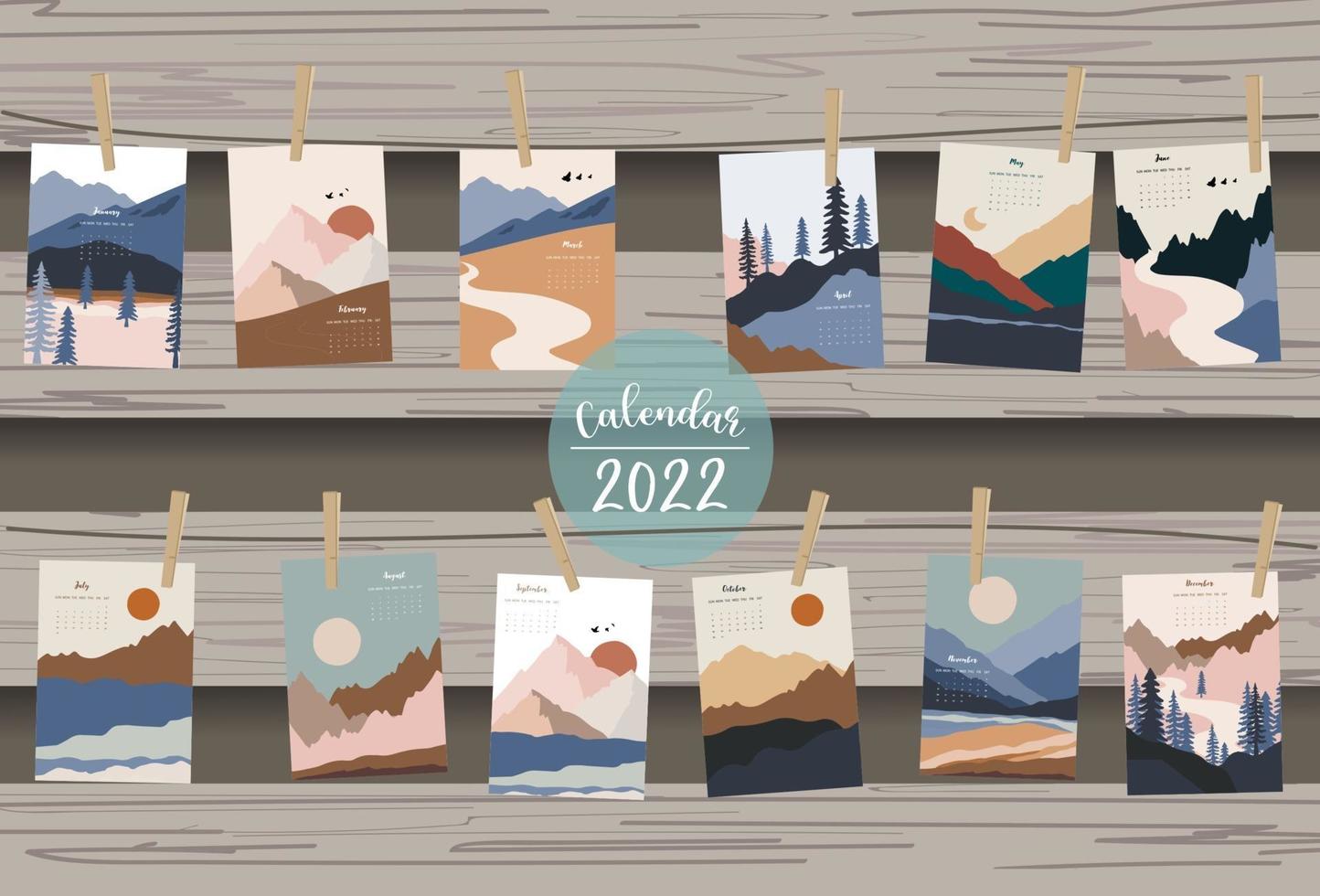 2022 calendario de mesa la semana comienza el domingo con montaña, paisaje vector