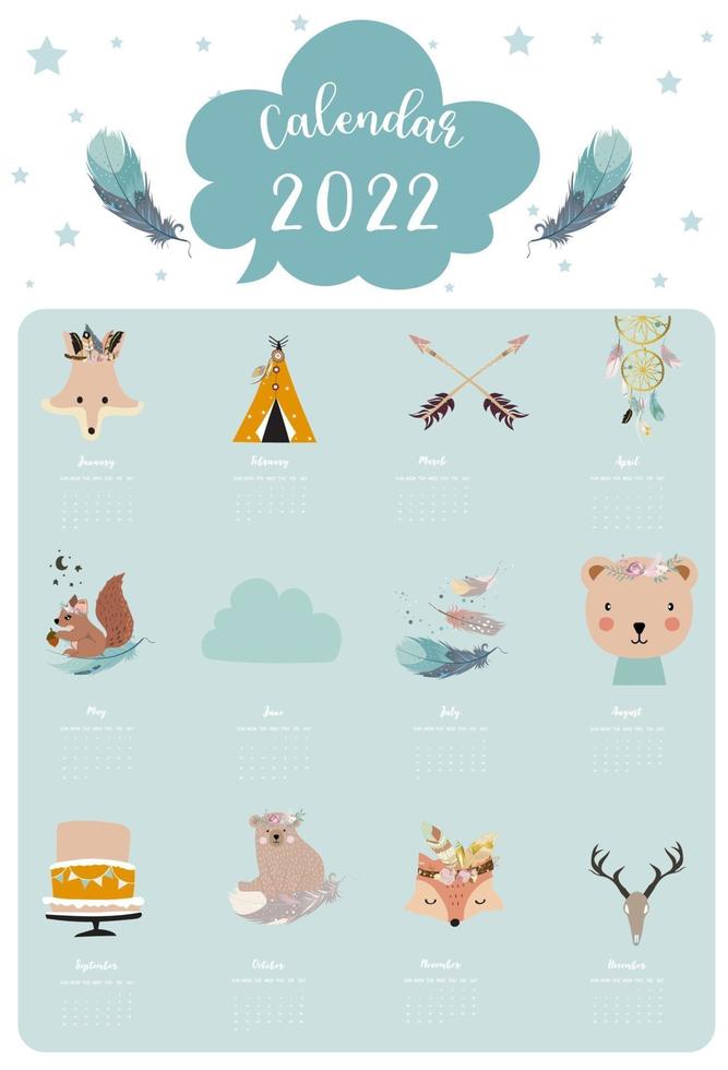 2022 table calendar week start on Sunday vector