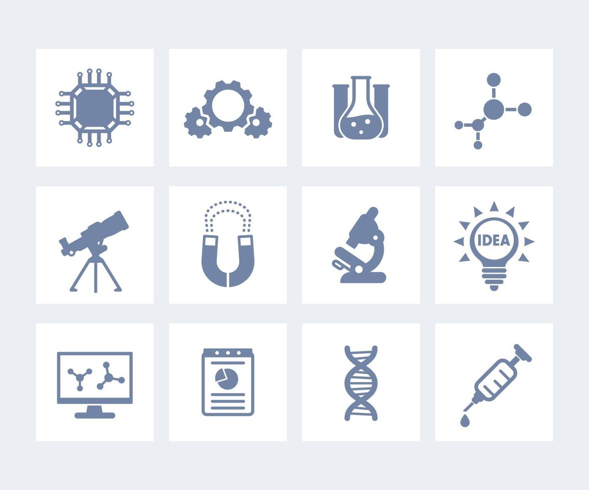 Iconos de ciencia, estudio de laboratorio e investigación aislados en blanco vector