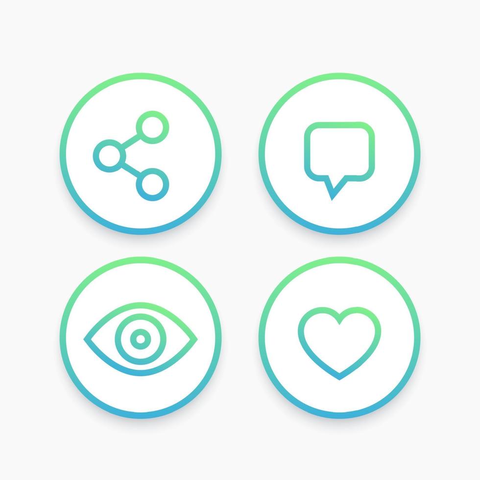 View, share, like, comment line icons in circles vector