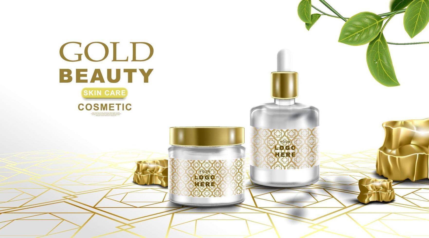 Cosmetic product mockup white and gold color background. vector