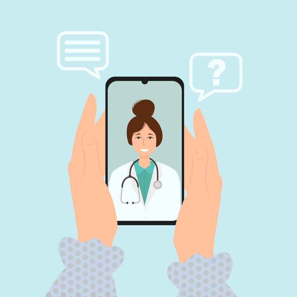 Videollamadas de médicos en línea en un teléfono inteligente. asesoramiento médico online vector