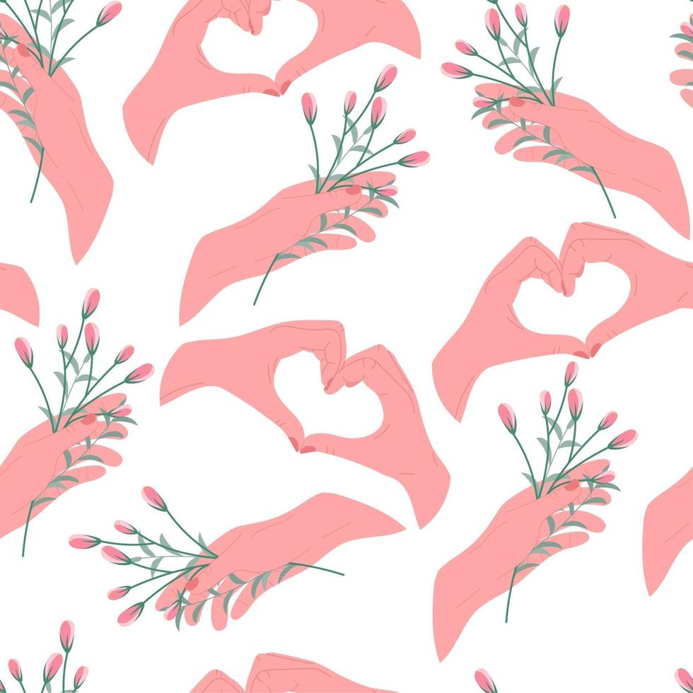 Elegant seamless pattern of hand holding blooming flowers. vector