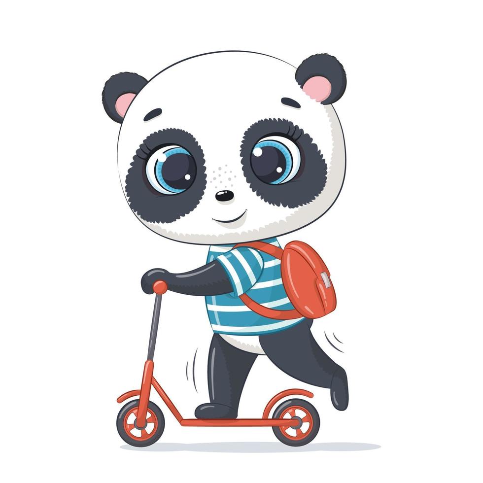 Cute baby panda on the scooter. Vector cartoon illustration.