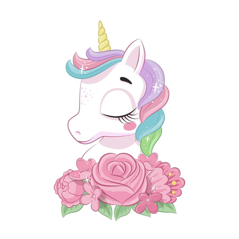 Cute magical unicorn with flowers. Vector cartoon illustration.