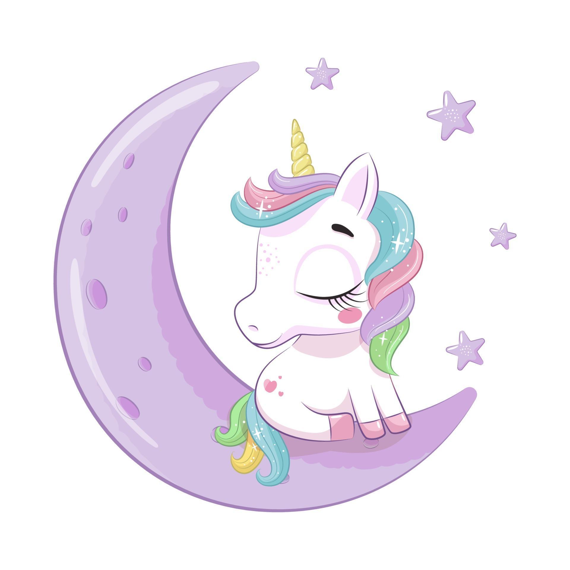 Cute Baby Unicorn Sitting On The Moon Vector Cartoon Illustration