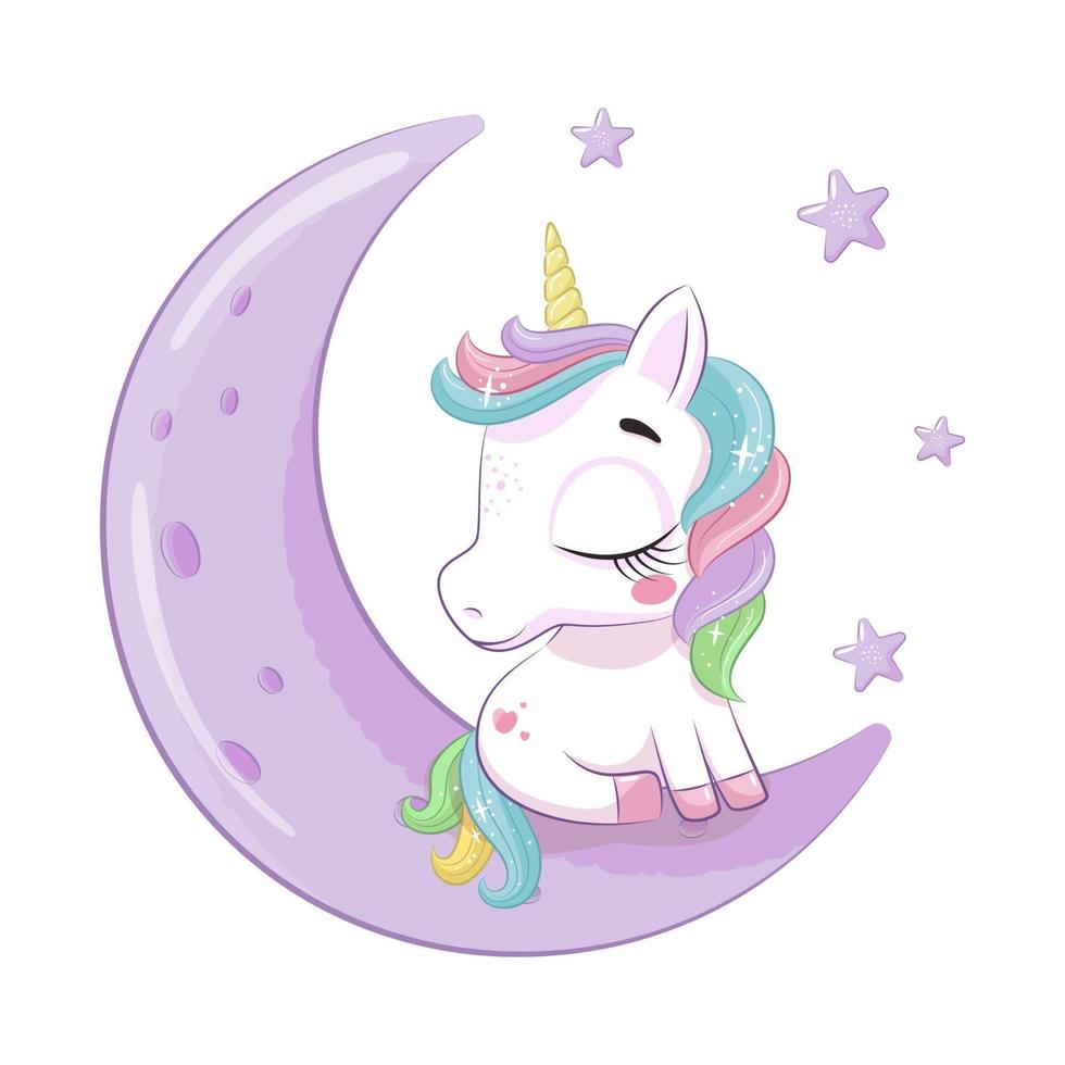 Cute baby unicorn sitting on the moon. Vector cartoon illustration.