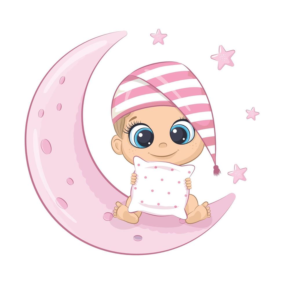 Cute baby girl sitting on the moon. Vector cartoon illustration. 3242226  Vector Art at Vecteezy
