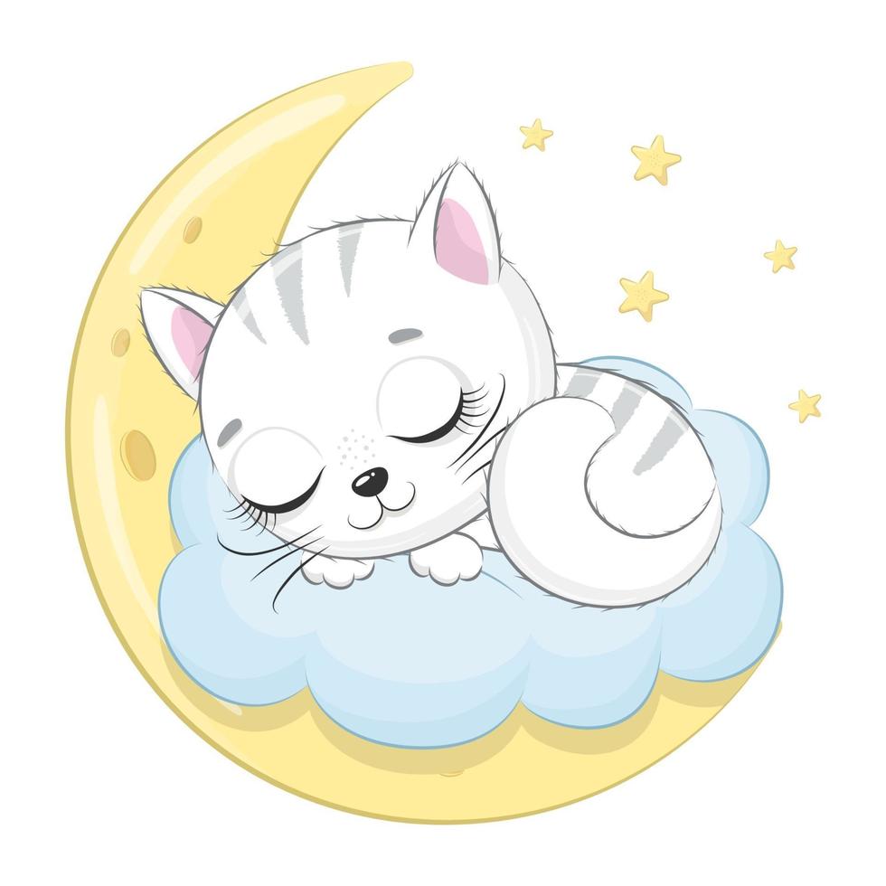 Cute baby cat sleeping on a cloud. Vector cartoon illustration.