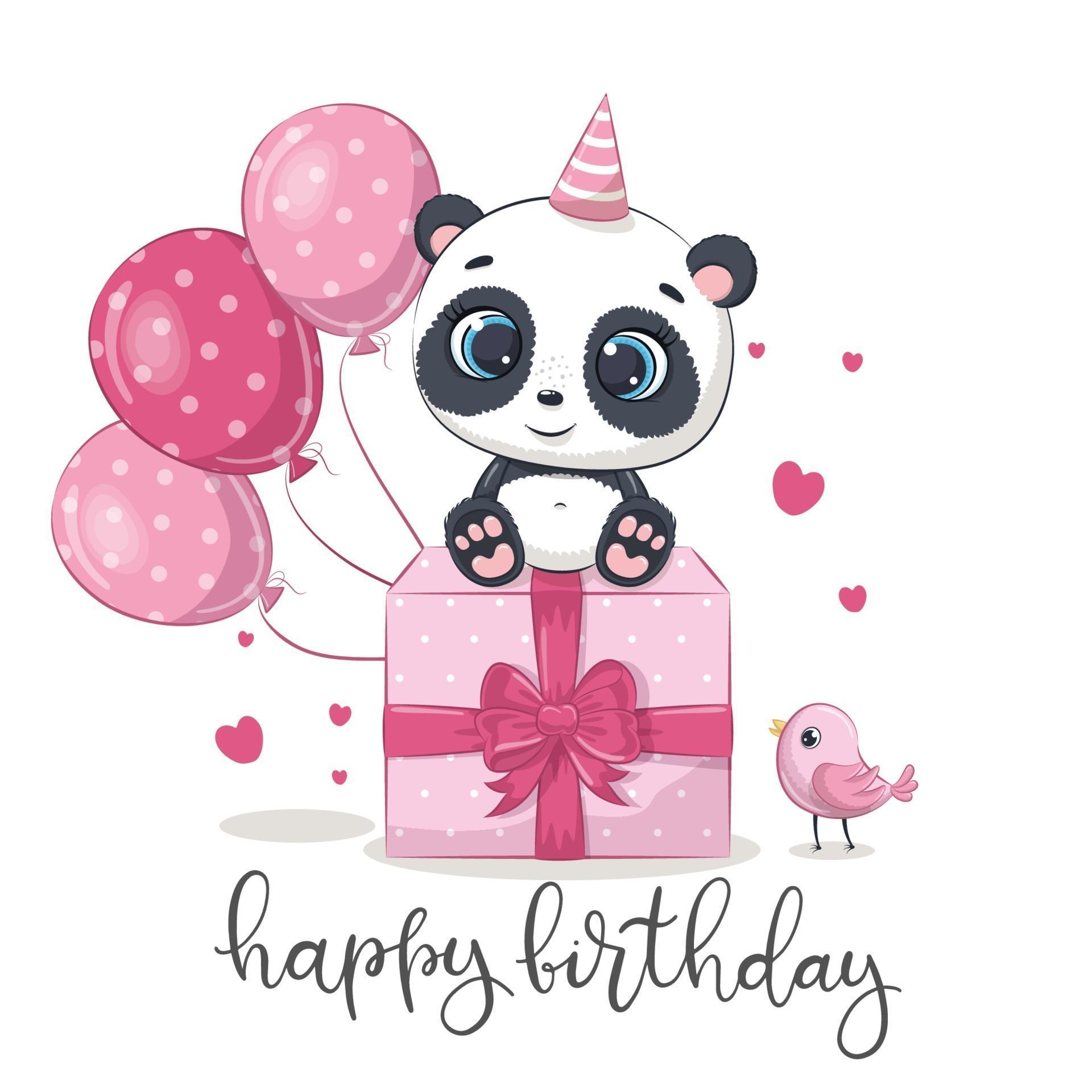 Happy birthday greeting card with panda. Vector cartoon illustration