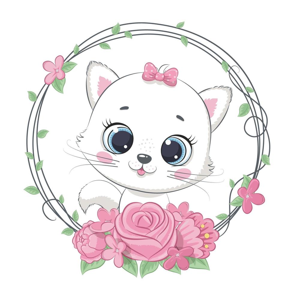 lindo gato bebé de verano con corona de flores. ilustración de dibujos  animados de vector. 3242232 Vector en Vecteezy