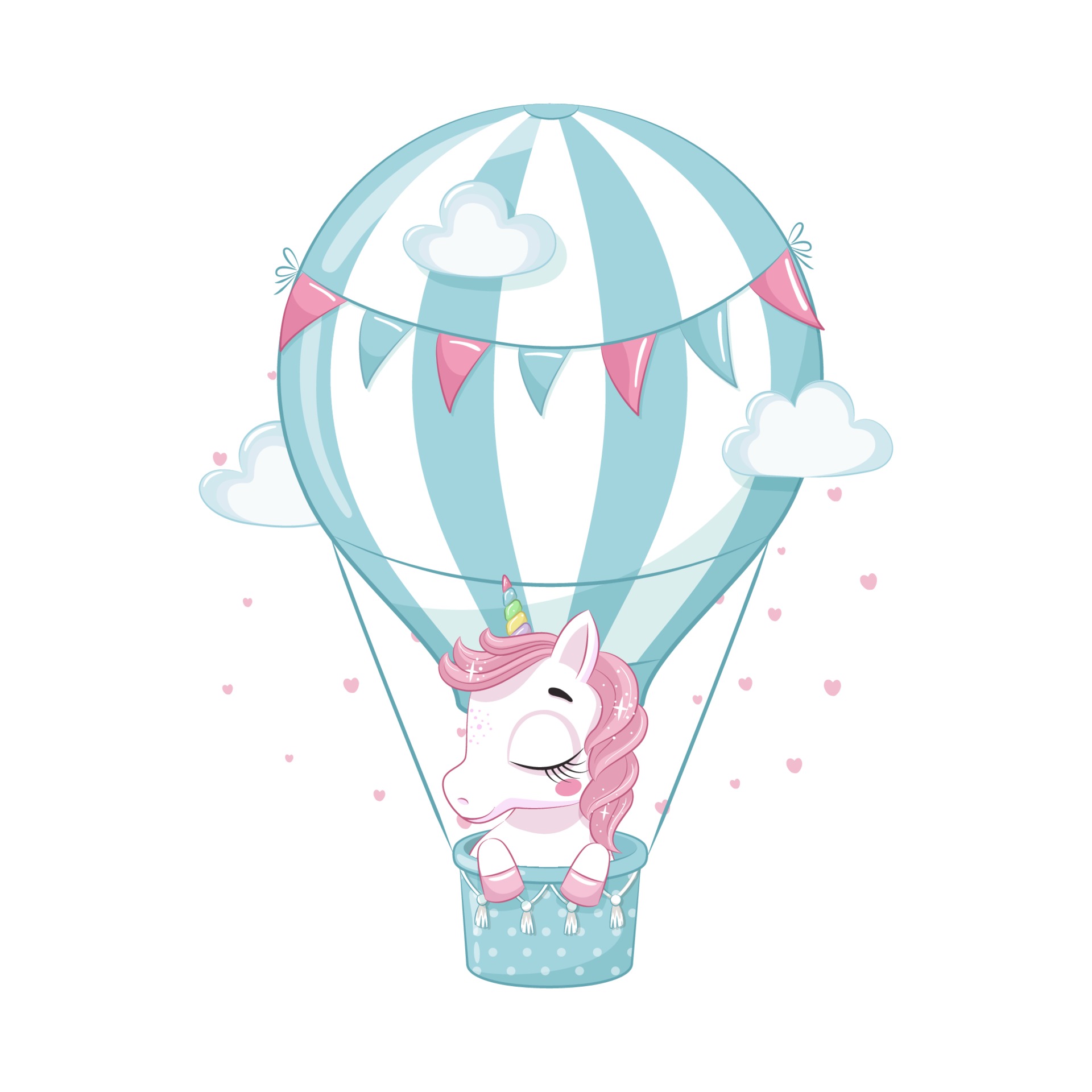 Cute baby unicorn on a hot air balloon. Vector cartoon illustration