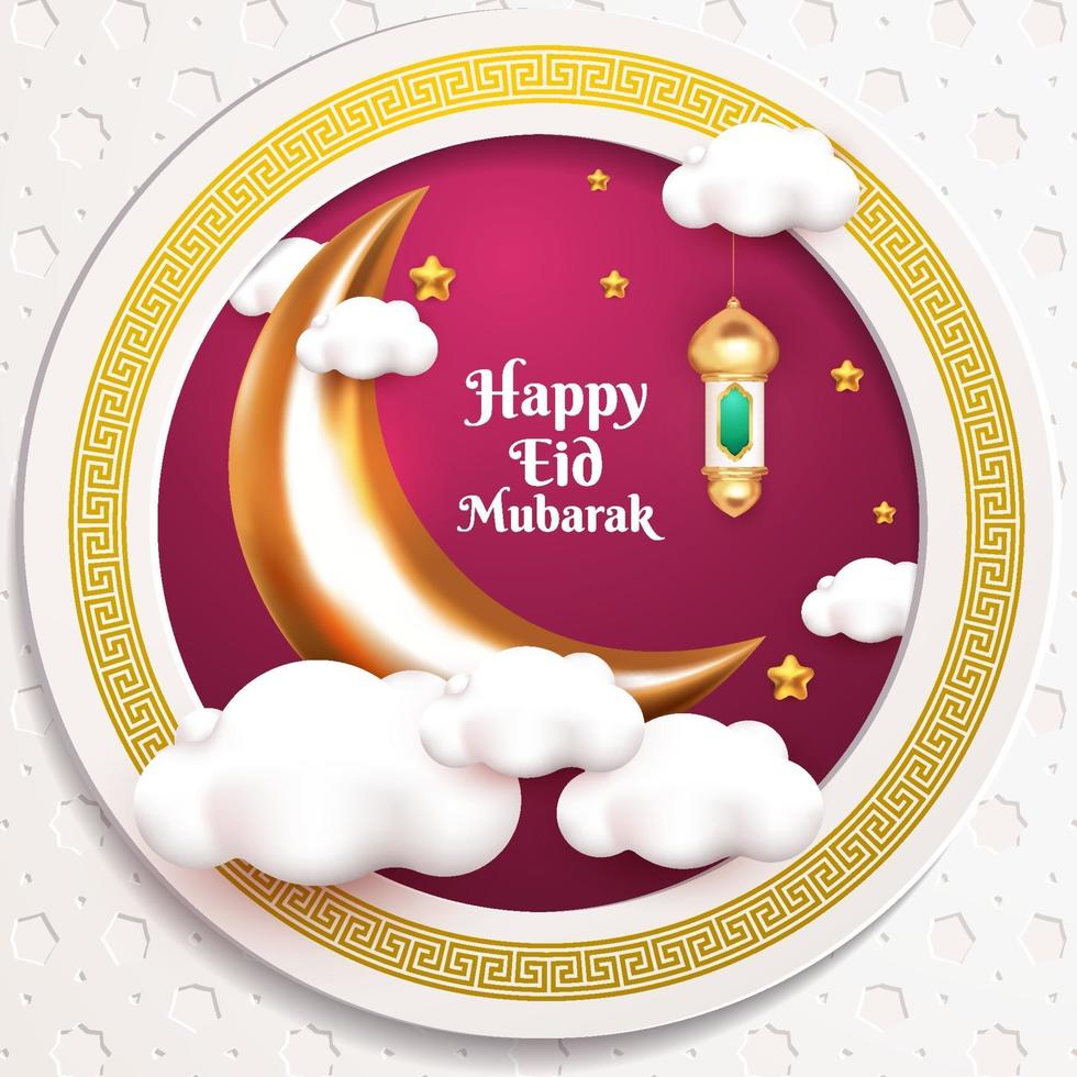 feliz tarjeta de felicitación de eid mubarak con estilo de dibujos animados en 3d vector