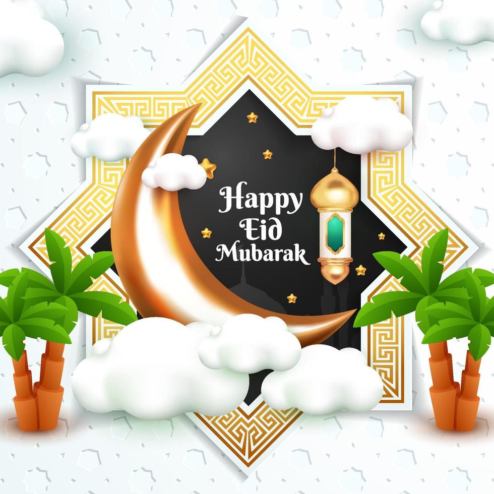 feliz tarjeta de felicitación de eid mubarak con estilo de dibujos animados en 3d vector