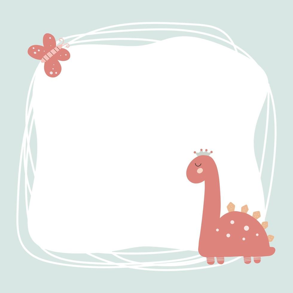 Cute dinosaur with a blot frame in simple cartoon hand-drawn style. vector