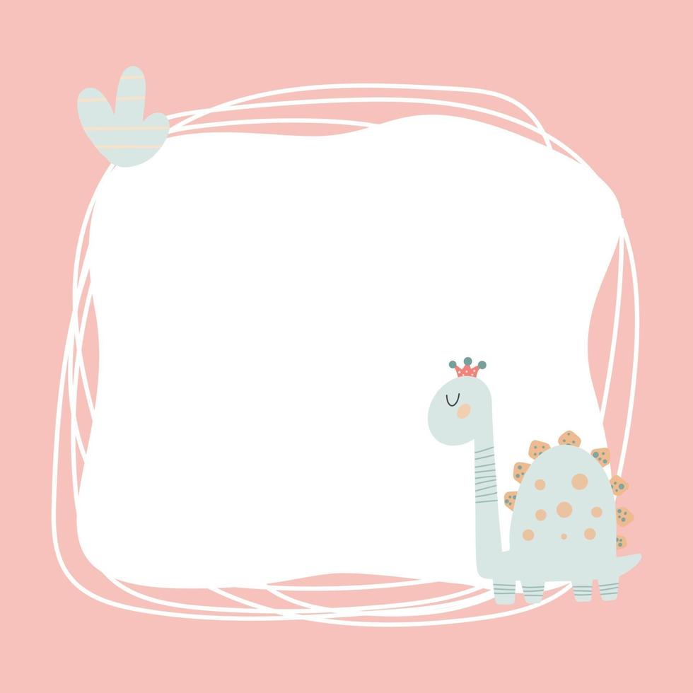Cute dinosaur with a blot frame in simple cartoon hand-drawn style. vector