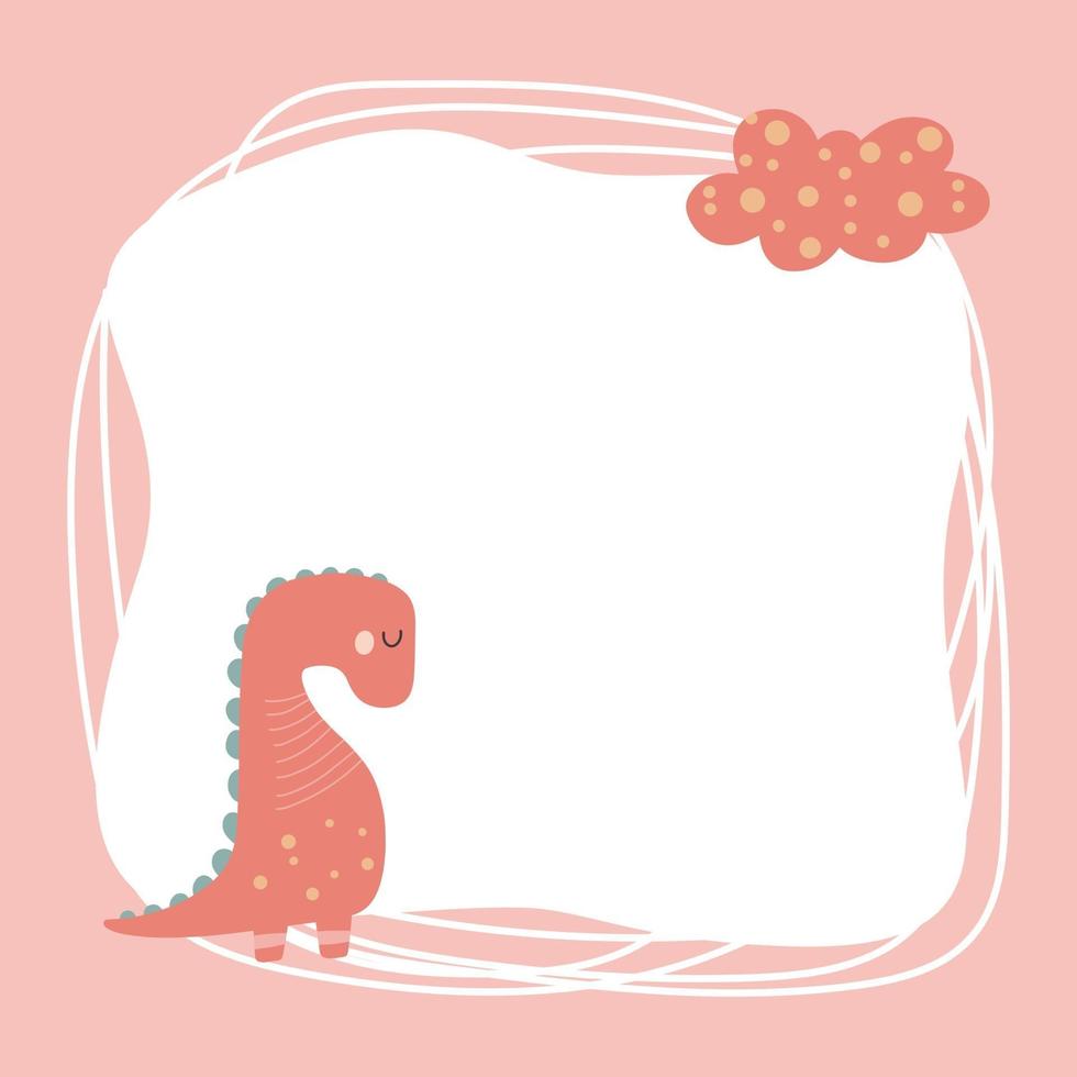 Cute dinosaur with a blot frame in simple cartoon hand-drawn style. vector