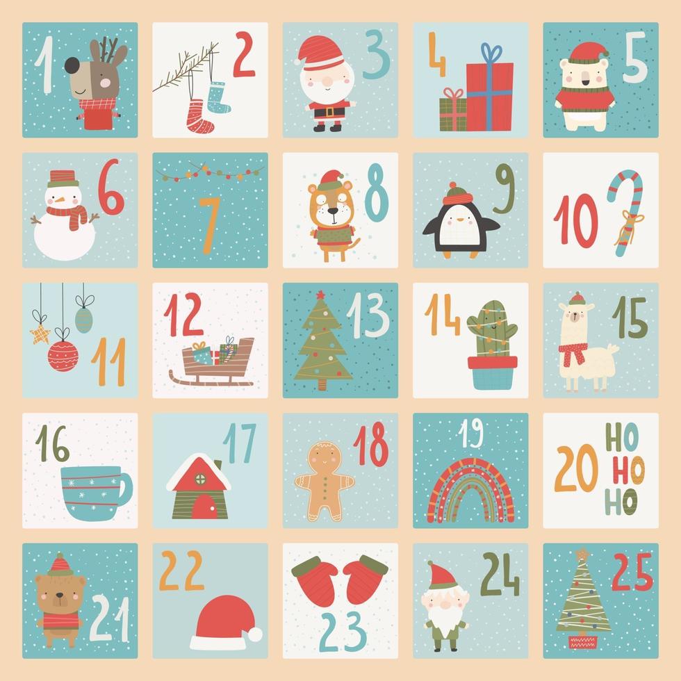 Advent calendar. Christmas poster. Xmas numbers hand draw style vector