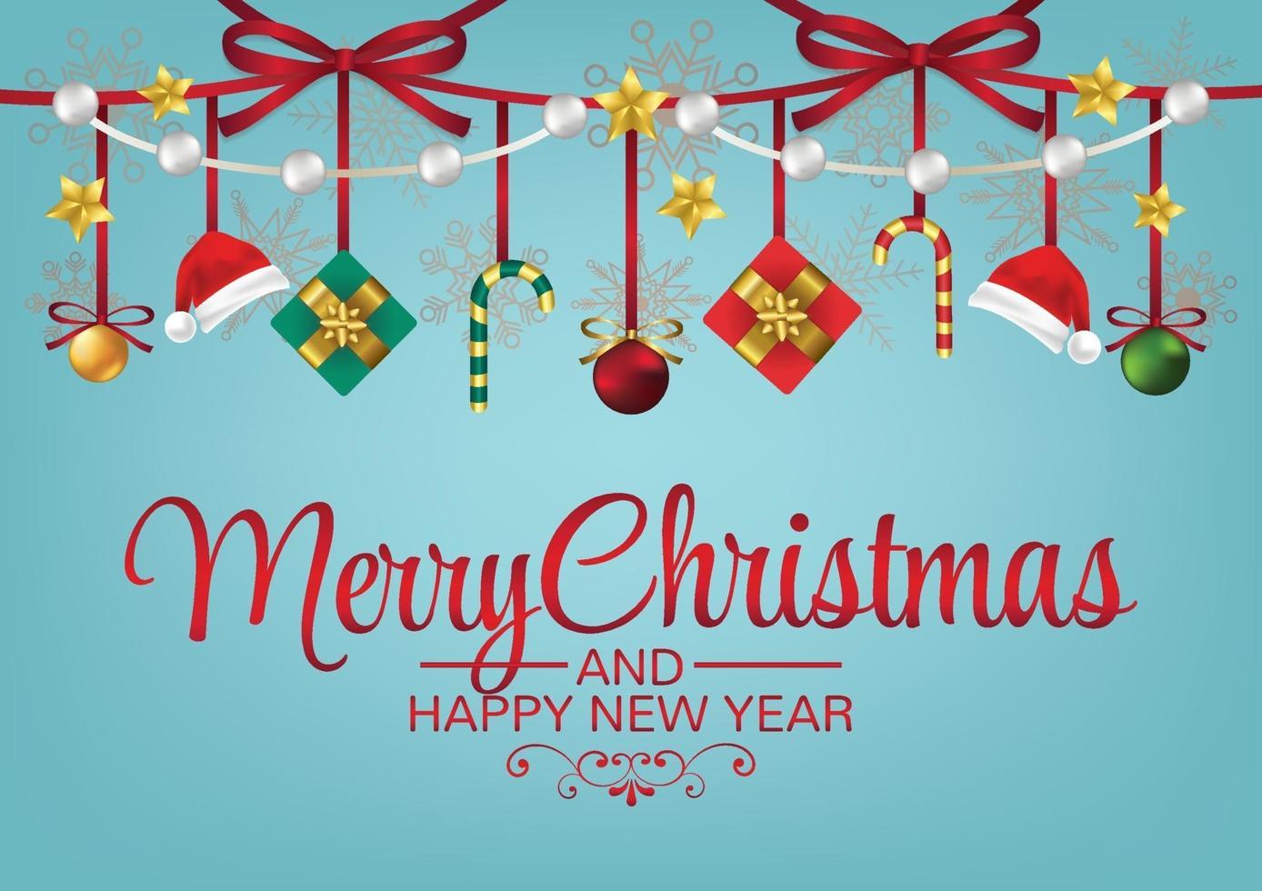 christmas object and red ribbon on blue banner vector
