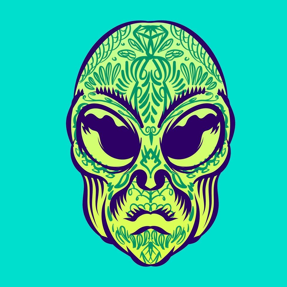 Alien head with tattoo illustration for logo badge element character vector