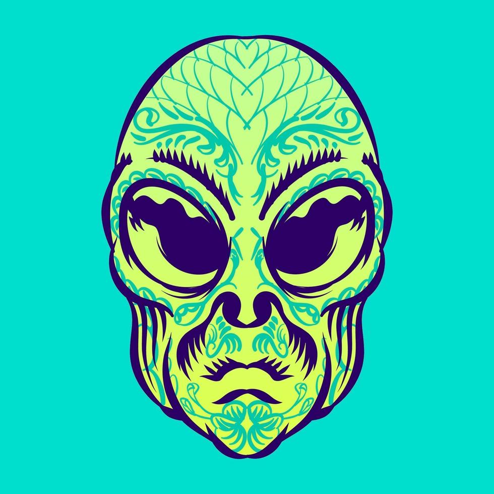 Alien head with tattoo illustration for logo badge element character vector