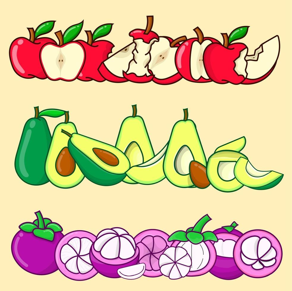 manzana, aguacate y mangostán conjunto ilustración vectorial frutas aisladas vector