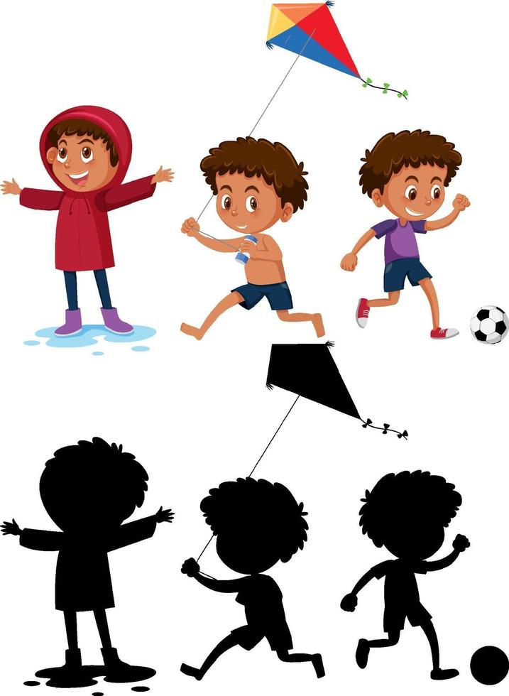 A boy cartoon character doing different activities with its silhouette vector