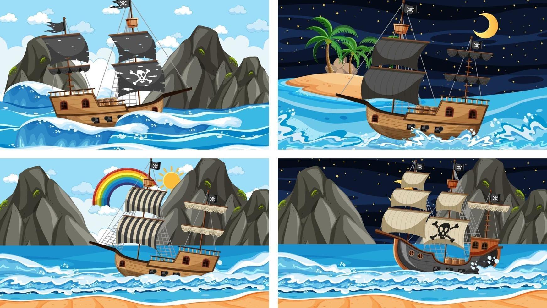 Diferentes escenas de playa con barco pirata y personaje de dibujos animados pirata. vector